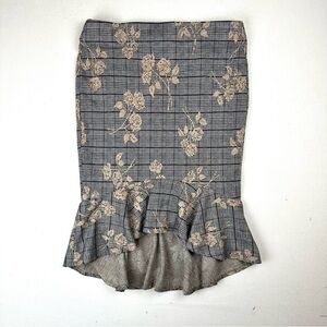 Eci Plaid Floral Midi Flounce Asymmetrical Stretch Skirt Office Preppy